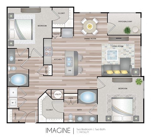 Floor plan for 2 beds, 2 baths, 1144 sqft